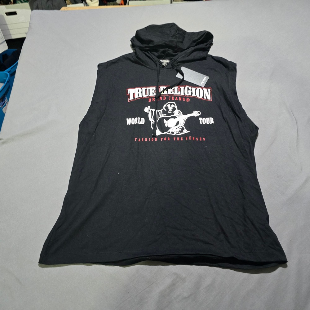 True Religion Sleeveless Hoodie Mens Large Black World Tour Graphic Tank Top